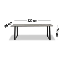 Amy Spisebord 220 x 94 x 74 cm, plade i brun marmor + trapezben i sort metal