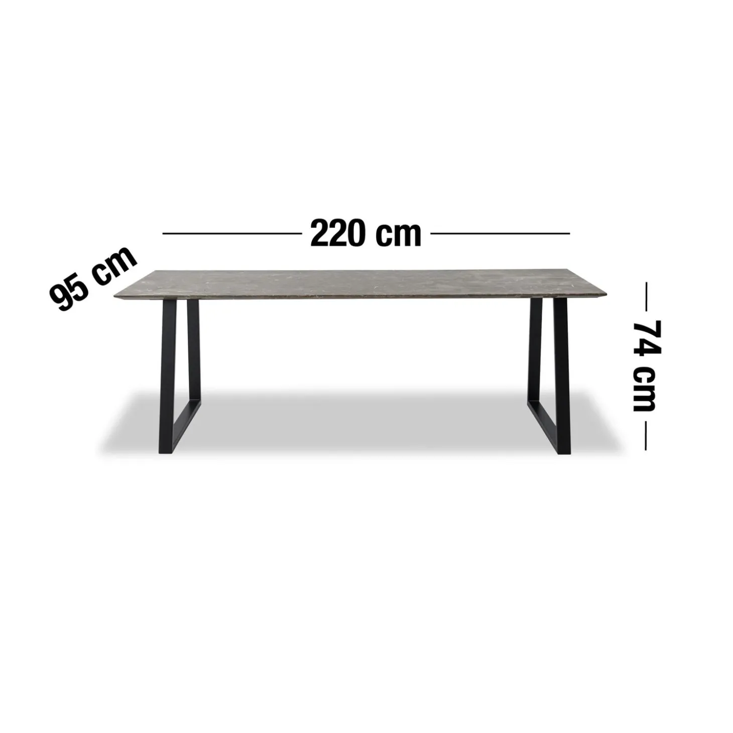 Amy Spisebord 220 x 94 x 74 cm, plade i brun marmor + trapezben i sort metal